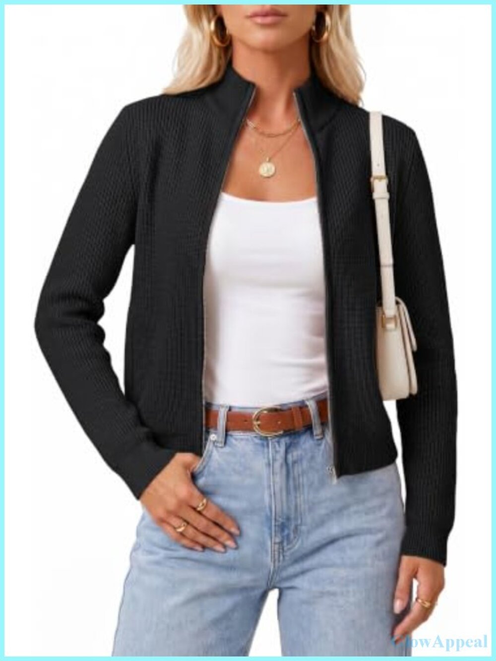 Wool Blend Mock Neck Zip Up Cardigan Sweater Jacket with Pockets